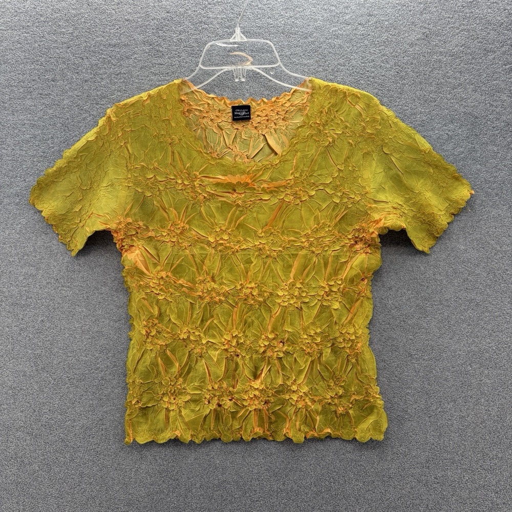 Origami Magic Scarf Blouse Womens One Size Green Yellow Crinkle Stretch Top